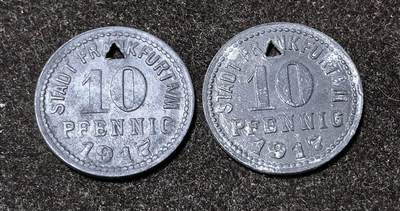 北京马甸外国币专卖第145期，外国币专场，陆续上拍，欢迎关注 ：德国帝国法兰克福（Frankfurt am Main）1917年10芬尼紧急状态币2枚