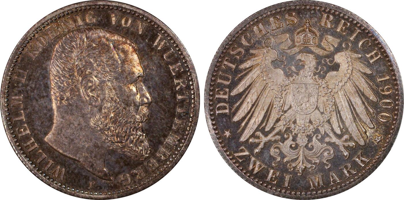 万国钱币拍卖第053期【万国秋季大拍上●周五周六两场连拍】 PCGS MS65 1900年德国符腾堡威廉二世长翅流通2马克 类精制质感 寒霜银光绝美玫瑰红彩