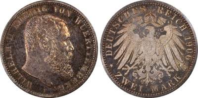 万国钱币拍卖第053期【万国秋季大拍上●周五周六两场连拍】 - PCGS MS65 1900年德国符腾堡威廉二世长翅流通2马克 类精制质感 寒霜银光绝美玫瑰红彩