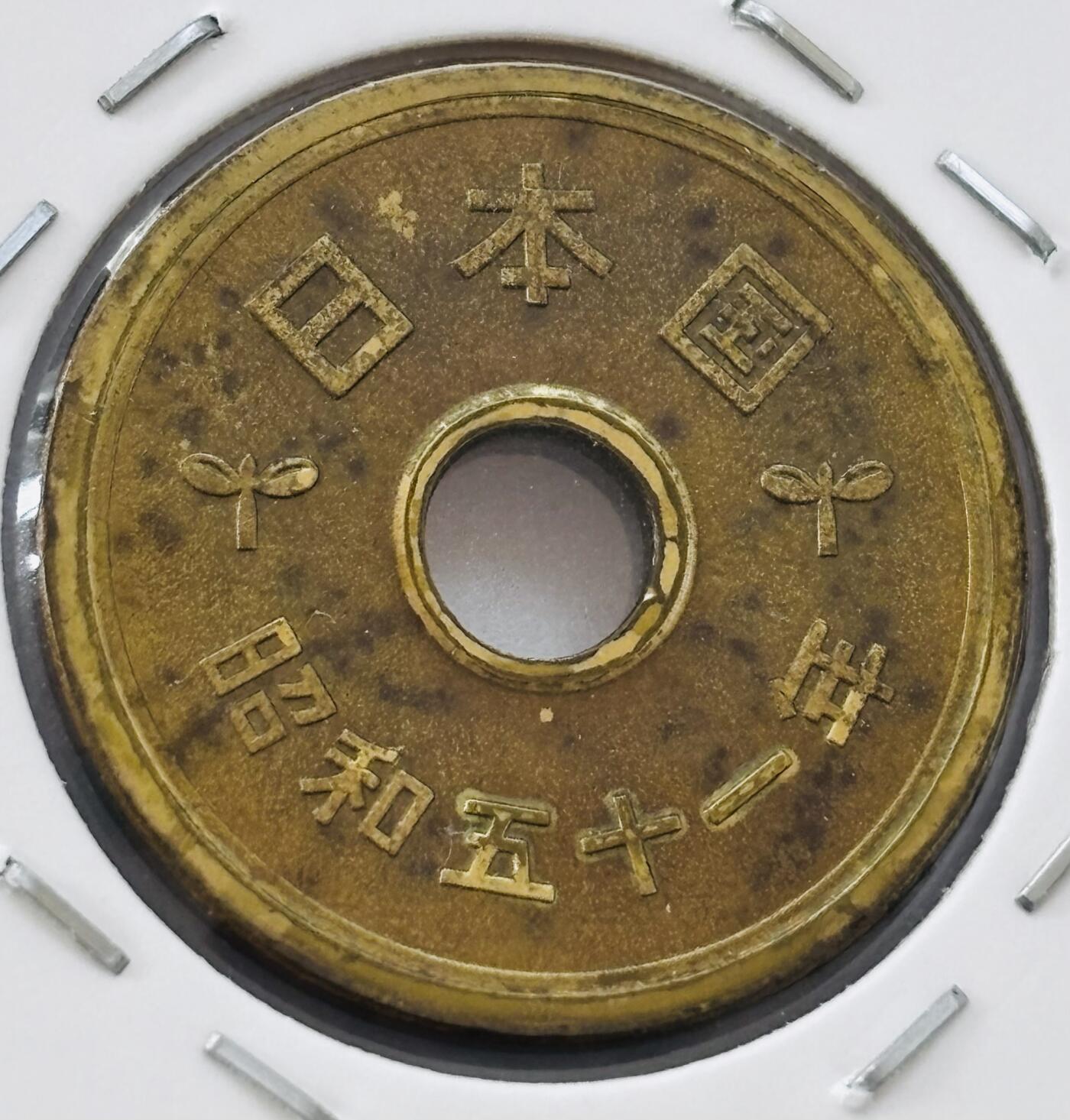 文馨钱币收藏第 277 场，熊猫金币，银币，老藏家日本明治时代到昭和时代全时期专场（特年非常多），长期接收代拍品 全新日本昭和五十一年 五元 第三版 来自上海老藏家册拆