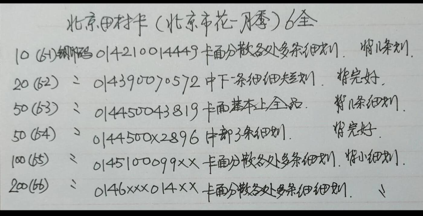 公藏第57期裸卡拍卖 北京田村卡（北京市花-月季）6全品相钢印码见描述。