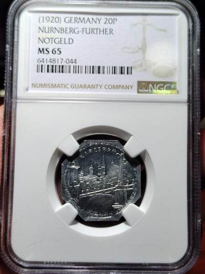 中外钱币第五场 - NGC ms65分德国1920年纽伦堡-菲尔特电车代币20芬尼–卡尔斯桥