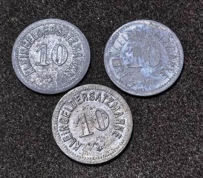 北京马甸外国币专卖第145期，外国币专场，陆续上拍，欢迎关注 德国帝国达姆施塔特（Darmstadt）1917年城市10芬尼紧急状态币3枚