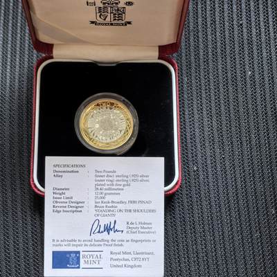 道一币馆币章第一百五十一场 - 原盒证 英国1998年技术成就发展2镑镀金银币