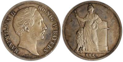 万国钱币拍卖第053期【万国秋季大拍下●周五周六两场连拍】 - PCGS MS64 1848年德国巴伐利亚马克西米利安二世宪法纪念历史2泰勒 巴伐利亚历史系列名品之一 能到64级别的非常罕见 原味德国老藏式包浆勾勒出喷砂感极强的浮雕 女神与狮子的搭配力量感十足 在镜面底板的加持下给人以强烈的视觉享受 永不换藏的顶级品质 PC唯一冠军分