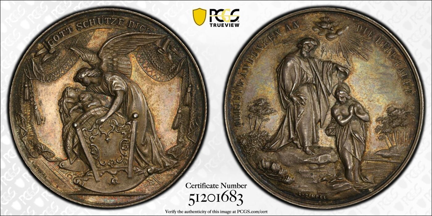 万国钱币拍卖第053期【万国秋季大拍下●周五周六两场连拍】 PCGS MS62 1900年奥地利宗教洗礼大银章 耶稣在约旦河受洗纪念 原味酱彩高浮雕