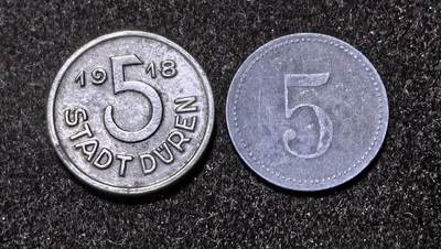 北京马甸外国币专卖第145期，外国币专场，陆续上拍，欢迎关注 德国帝国丁格尔斯得霍尔和德伦5芬尼紧急状态币2枚