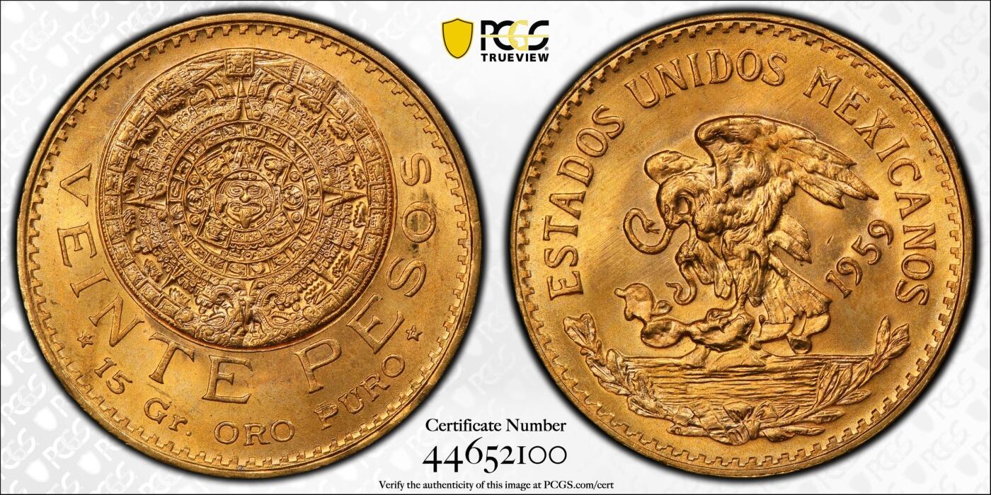 万国钱币拍卖第053期【万国秋季大拍上●周五周六两场连拍】 PCGS MS66 1959年墨西哥20比索金币 经典玛雅元素 黄金转光GEM品质  27.25mm 900金 16.66克