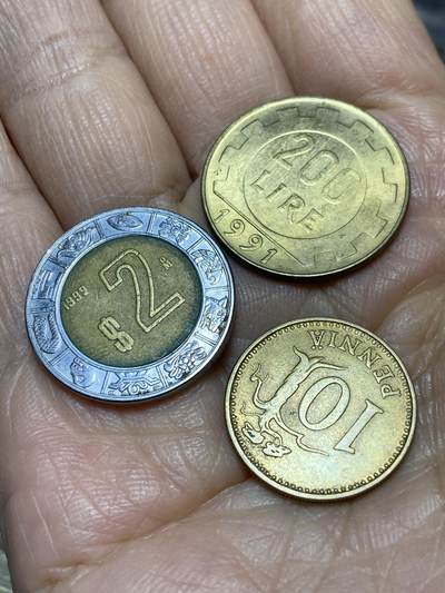 2025年第一百一十四场(总第一百四十场）外国好品散币(免佣金) - 3枚：墨西哥🇲🇽1999年2元，意大利🇮🇹1991年200里拉，芬兰🇫🇮1963年10盆尼