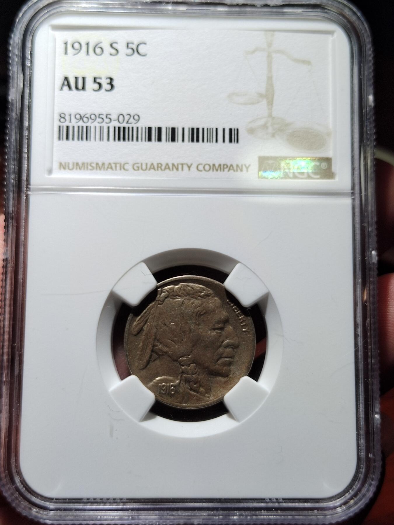 中外钱币第五场 NGC-AU53美国1916年S版印第安人野牛5美分