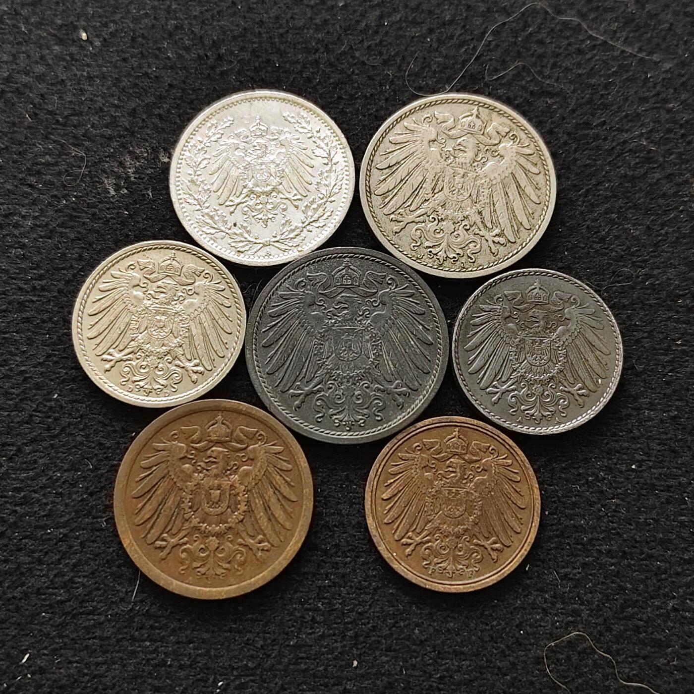 【全场包邮】纯粹捡漏拍470场（免费代拍第7场） 德国第二帝国1904-1914年长翅鹰各版本7枚套币-含1/2马克银币
