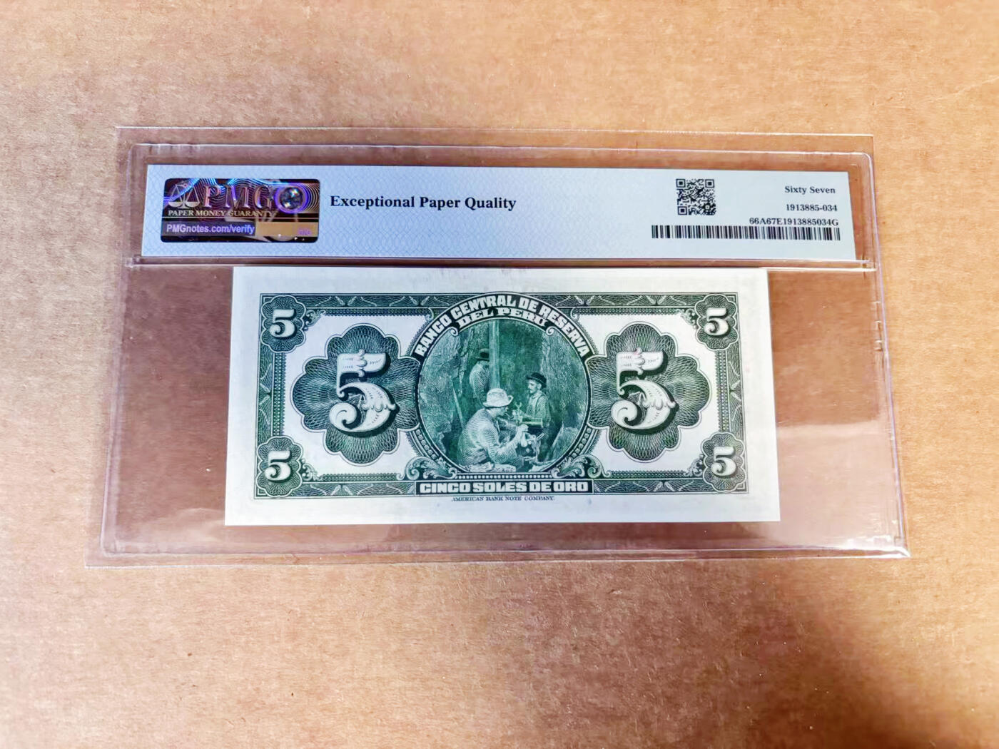 【Blue Auction】世界纸币精拍第740期——18级TOP拍卖/信誉/品质/专业/高效💫 【冠军分】秘鲁1941年5索尔 自由女神与石油工业 ABNC出品PMG67EPQ