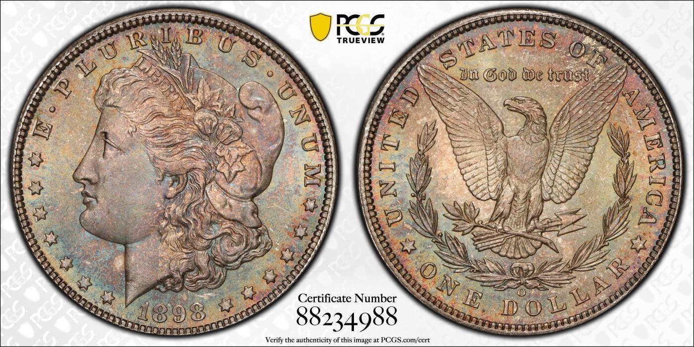 万国钱币拍卖第053期【万国秋季大拍下●周五周六两场连拍】 PCGS MS64 1898年O版美国摩根一元银币 丝滑转光 孔雀绿包浆全覆盖