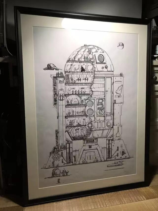 零元拍：歪歪亲笔签名星球大战系列作品装饰画《R2D2大厦》黑白版，作品尺寸：0.6X0.9M，超厚300g泛太克艺术纸，爱普生原装墨水艺术微喷，限量200张，每张均有艺术家亲笔签名及手写编号，不含装裱