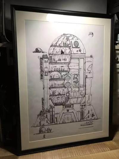 零元拍：歪歪亲笔签名星球大战系列作品装饰画《R2D2大厦》黑白版，作品尺寸：0.6X0.9M，超厚300g泛太克艺术纸，爱普生原装墨水艺术微喷，限量200张，每张均有艺术家亲笔签名及手写编号，不含装裱 - 零元拍：歪歪亲笔签名星球大战系列作品装饰画《R2D2大厦》黑白版，作品尺寸：0.6X0.9M，超厚300g泛太克艺术纸，爱普生原装墨水艺术微喷，限量200张，每张均有艺术家亲笔签名及手写编号，不含装裱