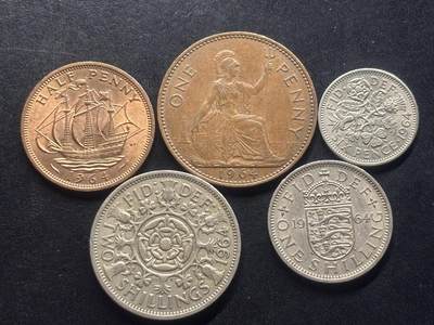 邮泉阁限时拍卖第三十二场 英国硬币专场（硬币在国外。请付邮费6元。） - 英国伊丽莎白二世女王1964年5枚