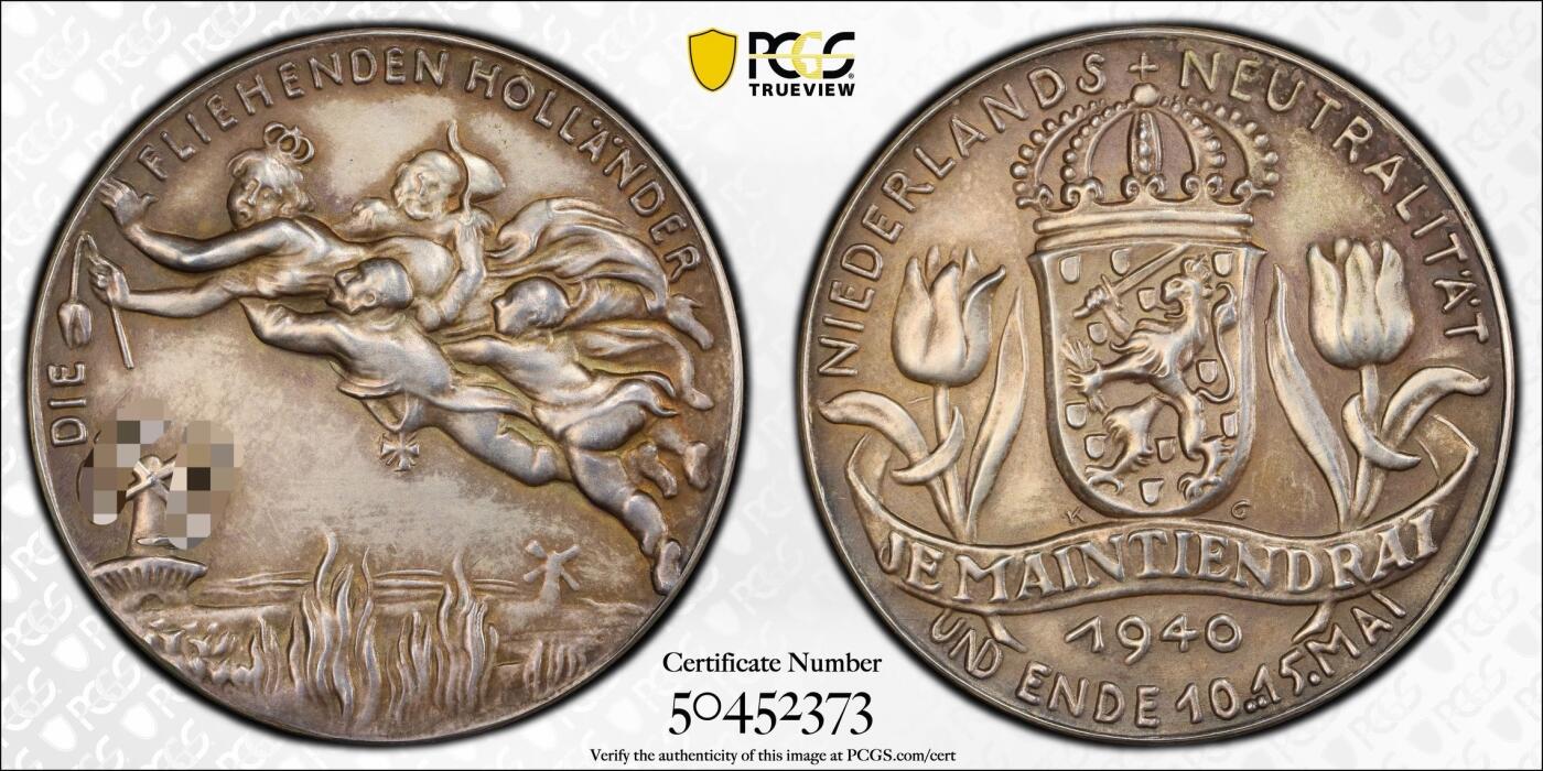万国钱币拍卖第053期【万国秋季大拍下●周五周六两场连拍】 PCGS SP63 1940年德国民族社会主义工人党占领荷兰纪念银章 卡尔哥茨大师技艺 尼德兰风车变为万字 郁金香的凋零 三帝国珍稀品种之一 无论品种还是品相皆属顶级 麦稀奇首拍 PC唯一亚军 更高分仅一枚（原图请私信后台或自行查询官网）