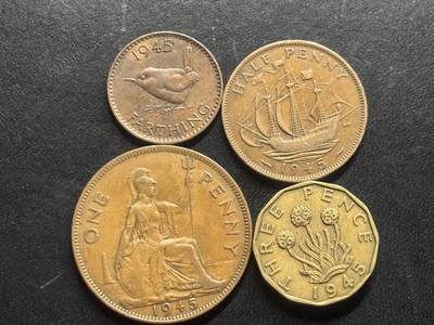 邮泉阁限时拍卖第三十二场 英国硬币专场（硬币在国外。请付邮费6元。） - 英国乔治六世国王1945年4枚