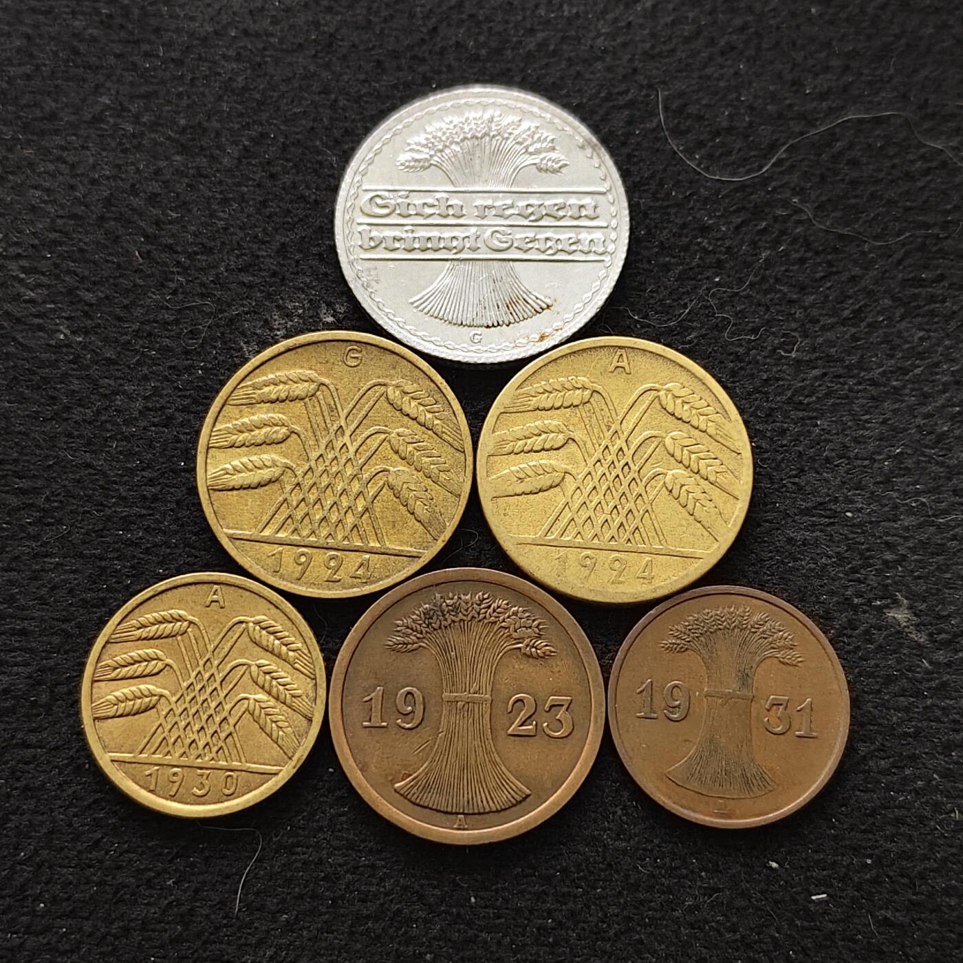 【全场包邮】纯粹捡漏拍470场（免费代拍第7场） 德国魏玛共和国1920-1931年6枚套币-10芬尼为KM33/KM40两版本