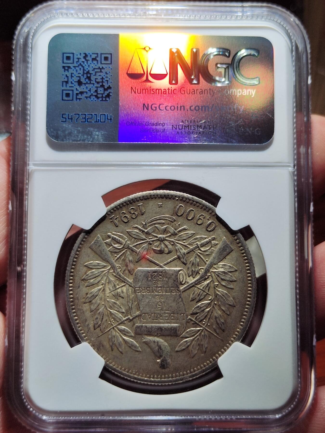 中外钱币第五场 NGC-AU55分1894年危地马拉1比索银币