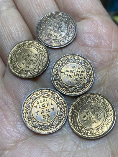 2025年第一百一十四场(总第一百四十场）外国好品散币(免佣金) - 带光好品英属印度1920年、1929年1/12安娜5枚(乔治五世时期)