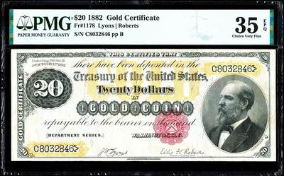 【Blue Auction】世界纸币精拍第740期——18级TOP拍卖/信誉/品质/专业/高效💫 - 美国 1882年20美金 早期黄金券 超大票幅 正面詹姆斯·A·加菲尔德总统的半身像大胡子雕刻非常细腻 背面名为“海洋电报”的版画——身上携带着闪电一只巨大的金鹰 纪念1858年跨大西洋电报电缆的落成（实现了北美与欧洲大陆的首次电报通信。这条电缆连接纽芬兰与爱尔兰，全长3200公里，被誉为19世纪的“光电之迹”） PMG35EPQ 原票非常少见 性价比极高 对于凑套玩家来说是个很好的补充