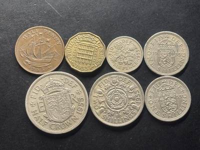 邮泉阁限时拍卖第三十二场 英国硬币专场（硬币在国外。请付邮费6元。） - 英国伊丽莎白二世女王1955年7枚