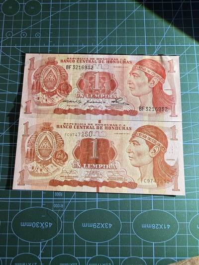 【炜奕收藏】，第四十八期，多套港澳日本纸币 1980年&2014年洪都拉斯1皮伦拉，UNC/UNC-品相，邮封拆出品相，包含一张无47