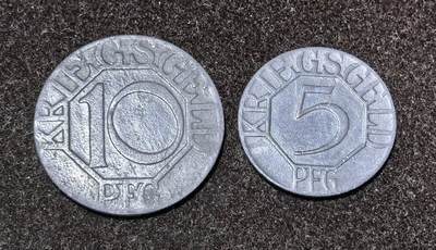 北京马甸外国币专卖第145期，外国币专场，陆续上拍，欢迎关注 德国帝国迪伦（Düren）1917年城市10芬尼5芬尼紧急状态币一对