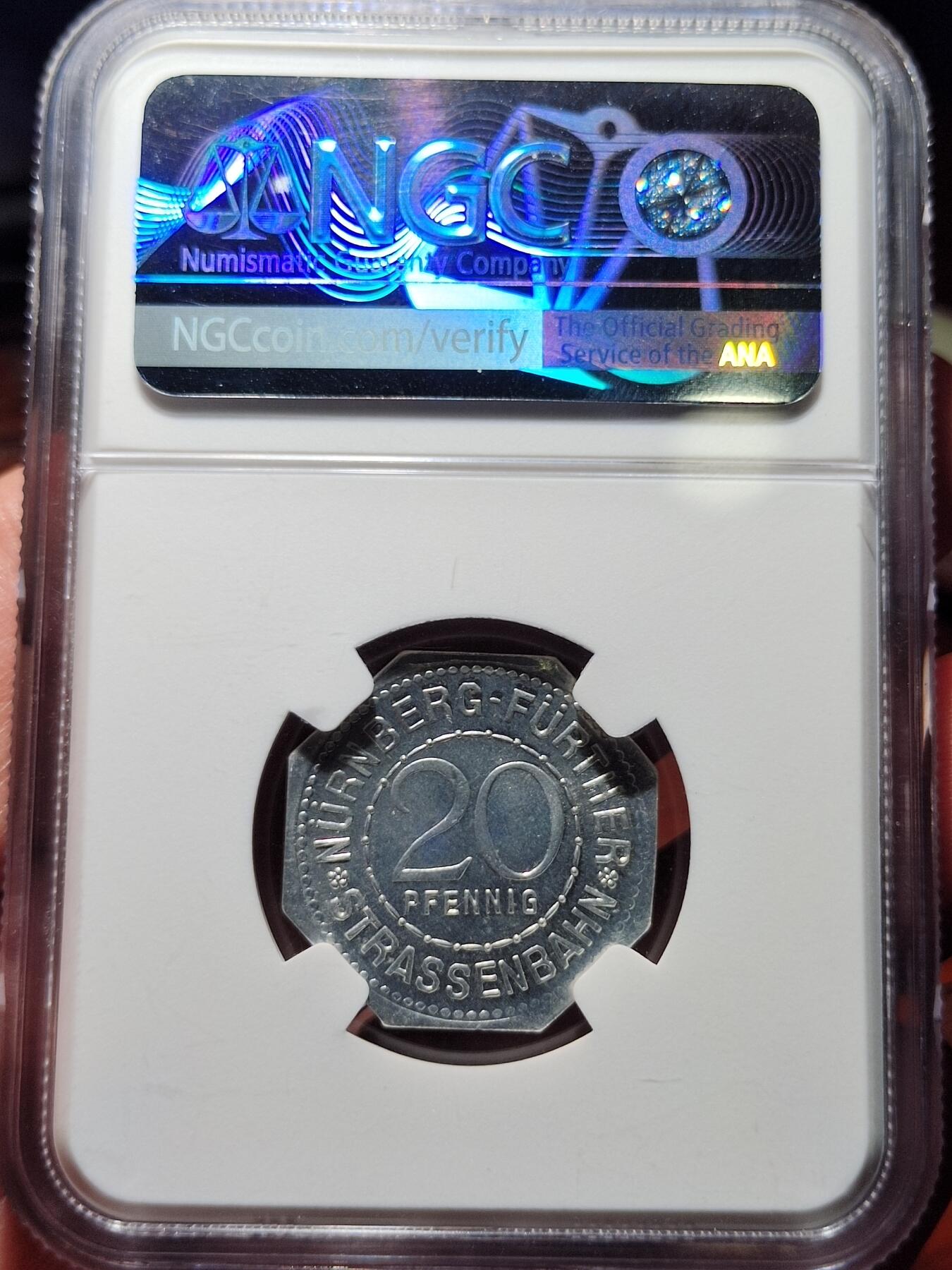 中外钱币第五场 NGC ms65分德国1920年纽伦堡-菲尔特电车代币20芬尼–卡尔斯桥