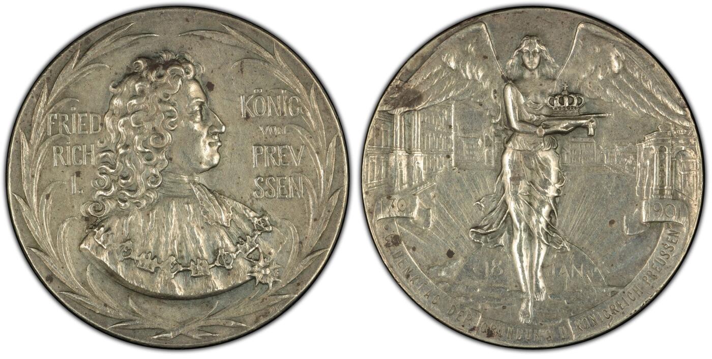 万国钱币拍卖第053期【万国秋季大拍上●周五周六两场连拍】 PCGS SP58 1901年德国普鲁士纪念腓特烈一世建国200周年纪念银章 日耳曼尼娅女神献上皇冠 PC唯一冠军