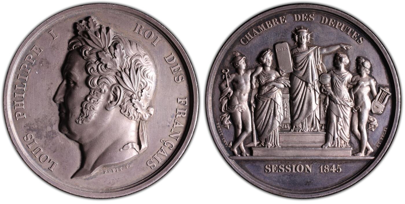 万国钱币拍卖第053期【万国秋季大拍上●周五周六两场连拍】 PCGS SP63 1845年法国路易·菲利普一世纪念众议院议会大银章 欧洲古典高浮雕大银章 罕见品种 52.5MM 71.28G大规格 PC唯一冠军