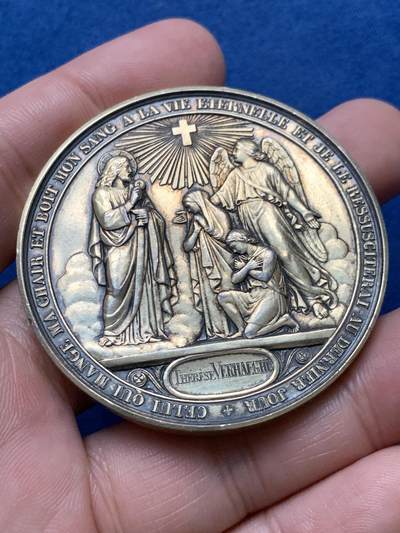 《竞宝斋》第431场 周日，周一，周二 3场连拍 （全场包邮） - 法国洗礼镀金银章，大尺寸带盒，66.10g，51.8mm，丰饶角边铭，少见大尺寸