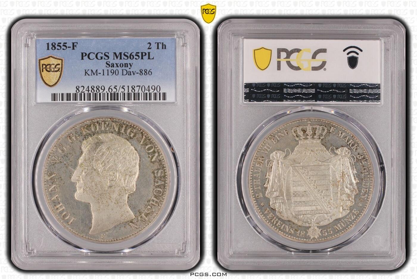 万国钱币拍卖第053期【万国秋季大拍下●周五周六两场连拍】 PCGS MS65PL 1855年萨克森流通纹章2泰勒 工艺明显区别与普通流通版本的一枚 无限接近于PF的质感 底板深度镜面 人像和纹章喷砂感极强 实物上手非常明显 应该也很难再找出类似状态的一枚了 NGC&PCGS双料冠军分
