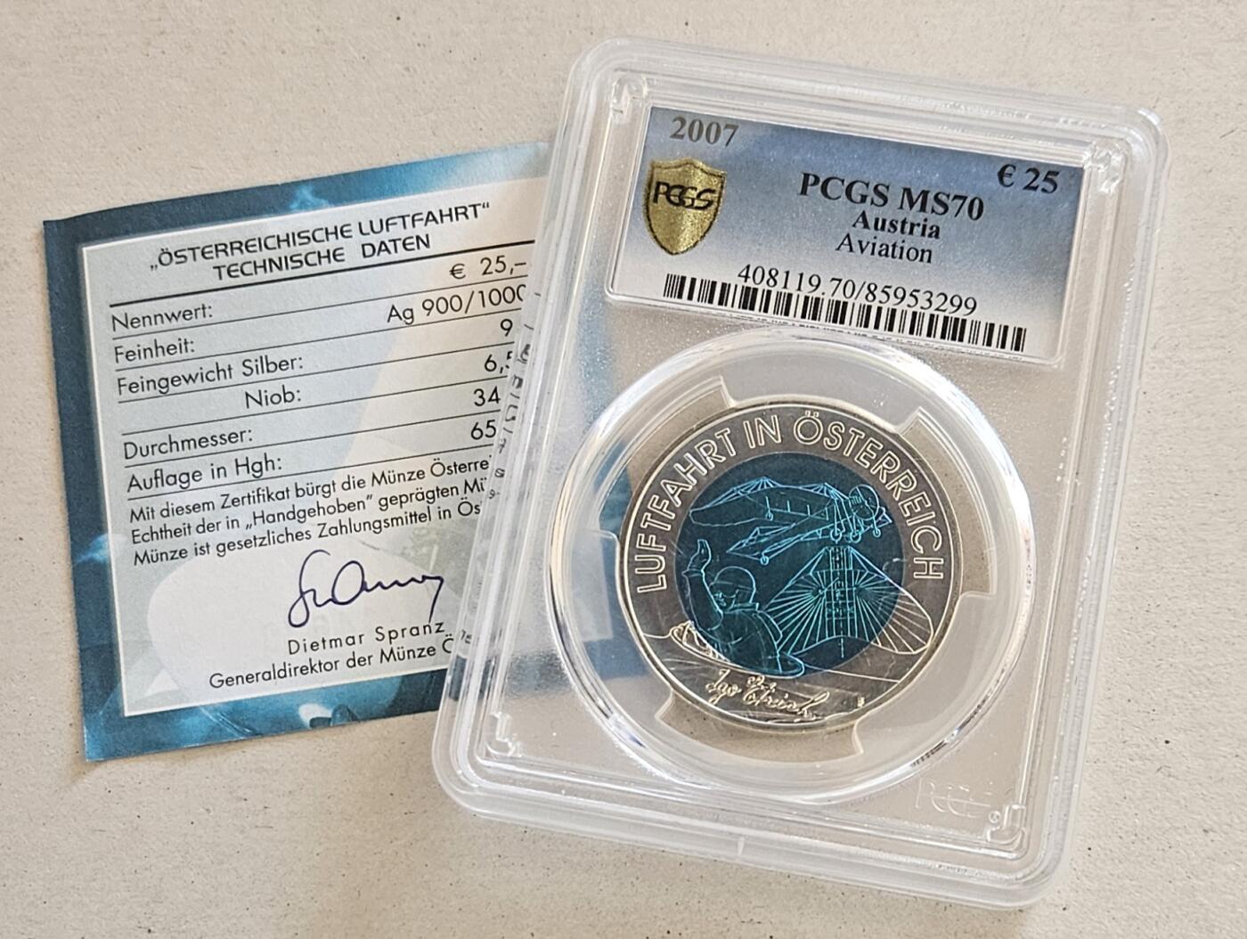 【币将精彩】世界钱币拍卖（2025-11-12） PCGS奥地利2007年航空航天银铌双金属币带证书