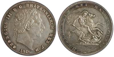 万国钱币拍卖第053期（万国秋季大拍●下） - PCGS MS62 1819年英国乔治三世马剑克朗 典型英式淡彩乌云包浆 发丝根根分明 高点细节极佳 国际市场飞涨品种