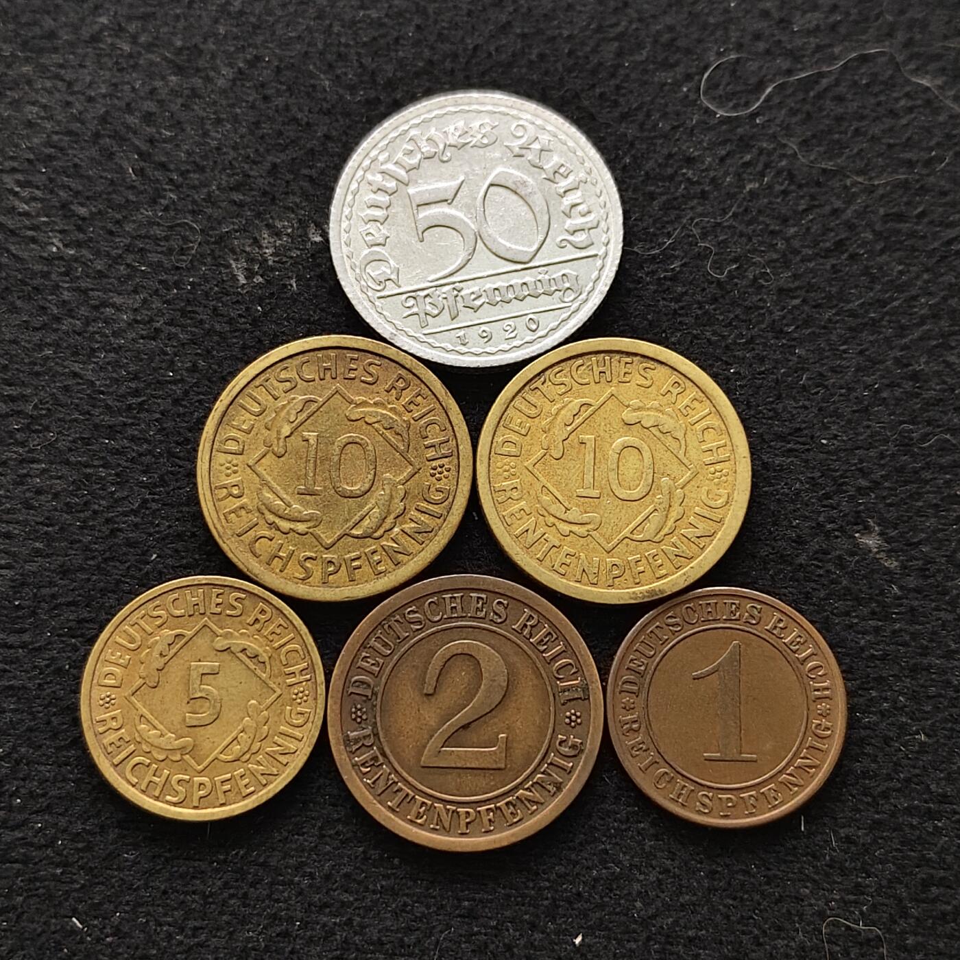 【全场包邮】纯粹捡漏拍470场（免费代拍第7场） 德国魏玛共和国1920-1931年6枚套币-10芬尼为KM33/KM40两版本