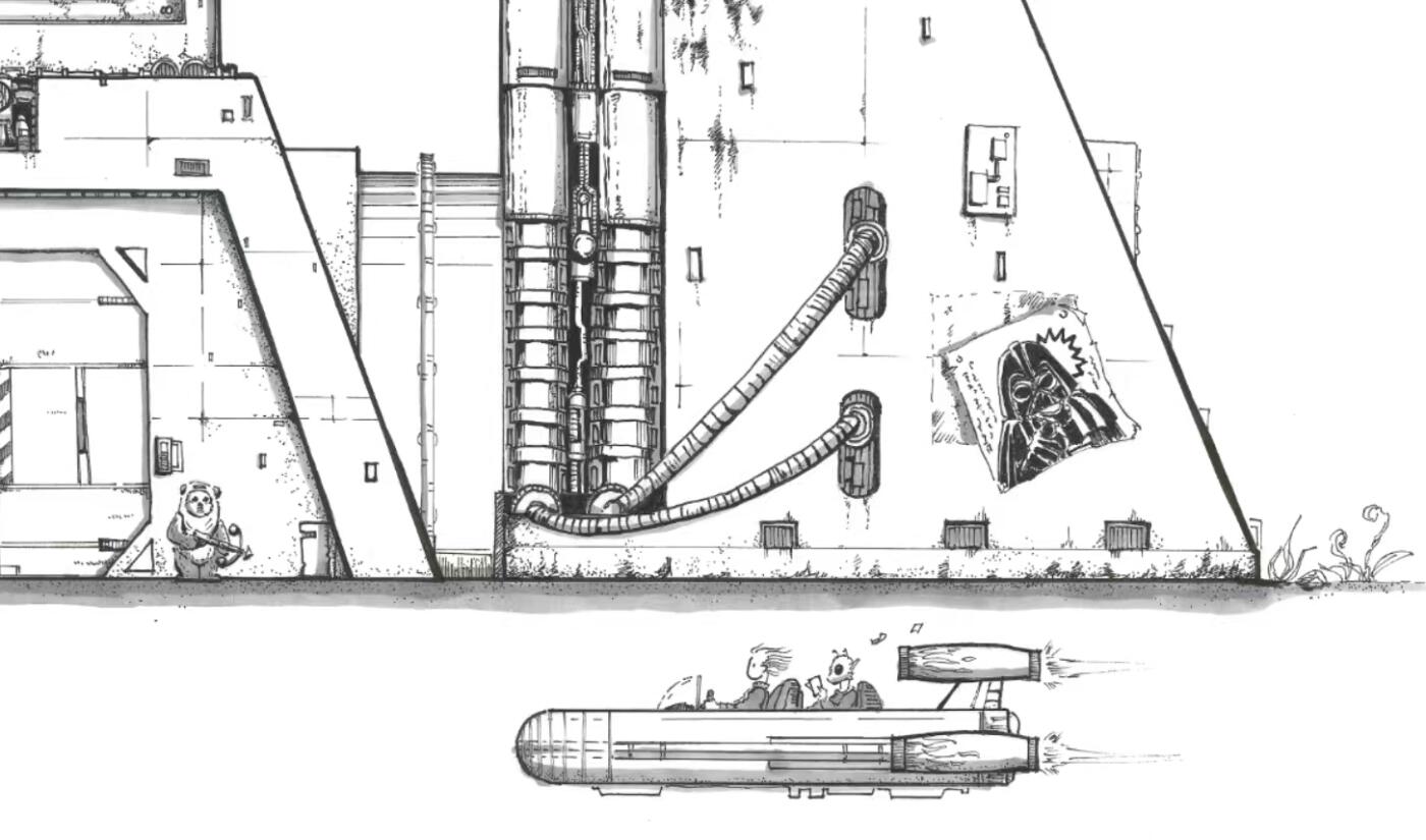 零元拍：歪歪亲笔签名星球大战系列作品装饰画《R2D2大厦》黑白版，作品尺寸：0.6X0.9M，超厚300g泛太克艺术纸，爱普生原装墨水艺术微喷，限量200张，每张均有艺术家亲笔签名及手写编号，不含装裱