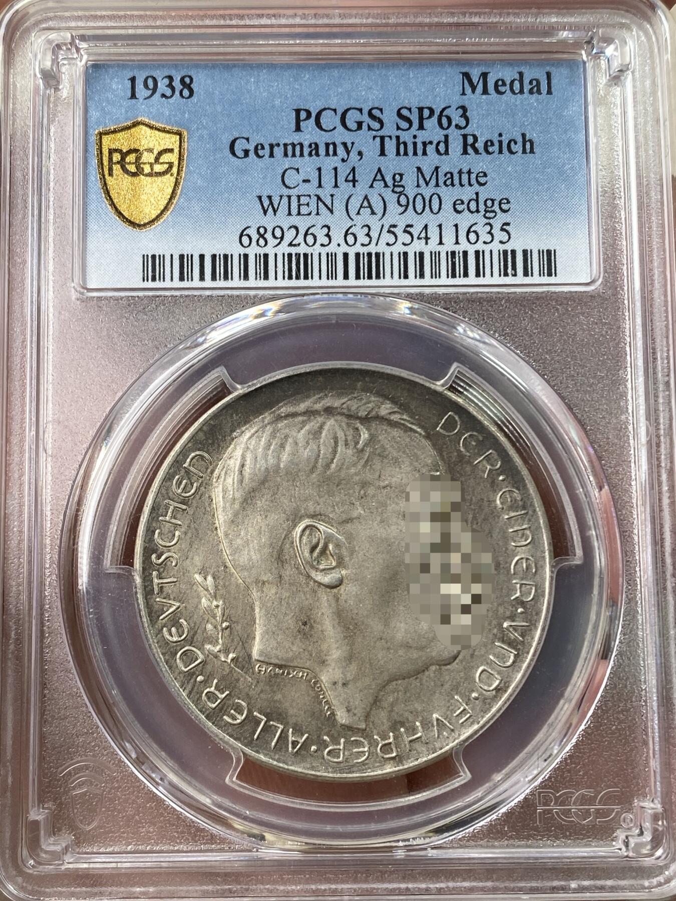 万国钱币拍卖第053期【万国秋季大拍下●周五周六两场连拍】 PCGS SP63 1938年德国民族社会主义工人党纪念吞并奥地利银章 900银顶级天鹅绒黑彩C-114 天鹅绒彩收藏级品质（原图请私信后台或自行查询官网）