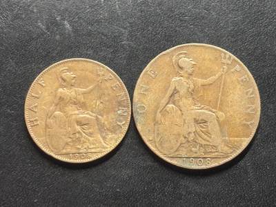 邮泉阁限时拍卖第三十二场 英国硬币专场（硬币在国外。请付邮费6元。） - 英国爱德华七世国王1908年2枚
