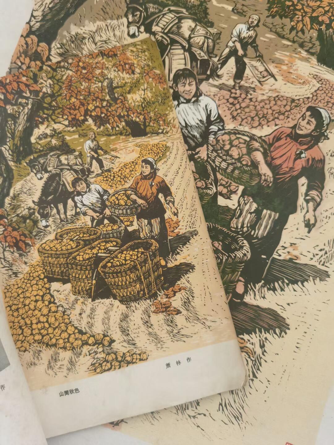 柿子红了套色版画三幅不同