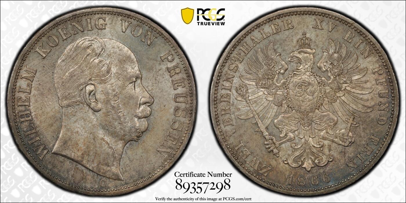 万国钱币拍卖第053期【万国秋季大拍下●周五周六两场连拍】 PCGS MS63 1866年德国普鲁士威廉一世大鸟流通2泰勒 普奥胜利年份 威廉一世发行的2泰勒中除1867C以外好品都非常罕见 欧洲原味环彩黄油转光 PC唯二冠军分 错过难寻的顶级收藏品质