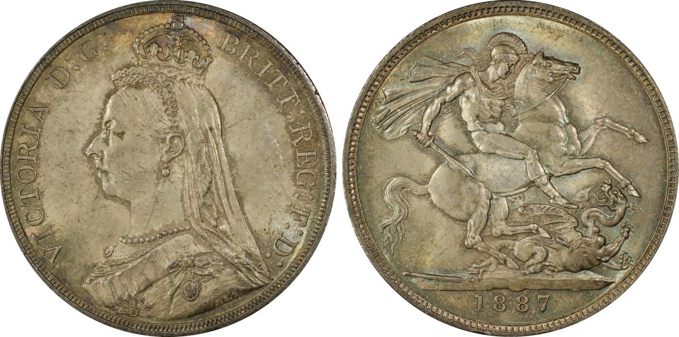 万国钱币拍卖第053期【万国秋季大拍下●周五周六两场连拍】 PCGS MS63 1887年英国维多利亚女皇高冠马剑克朗 英系乌云酱彩包浆 油画顶级质感