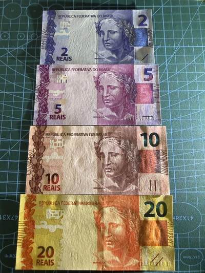 【炜奕收藏】，第四十八期，多套港澳日本纸币 巴西现版2-20雷亚尔，UNC品相，包含一张AA冠