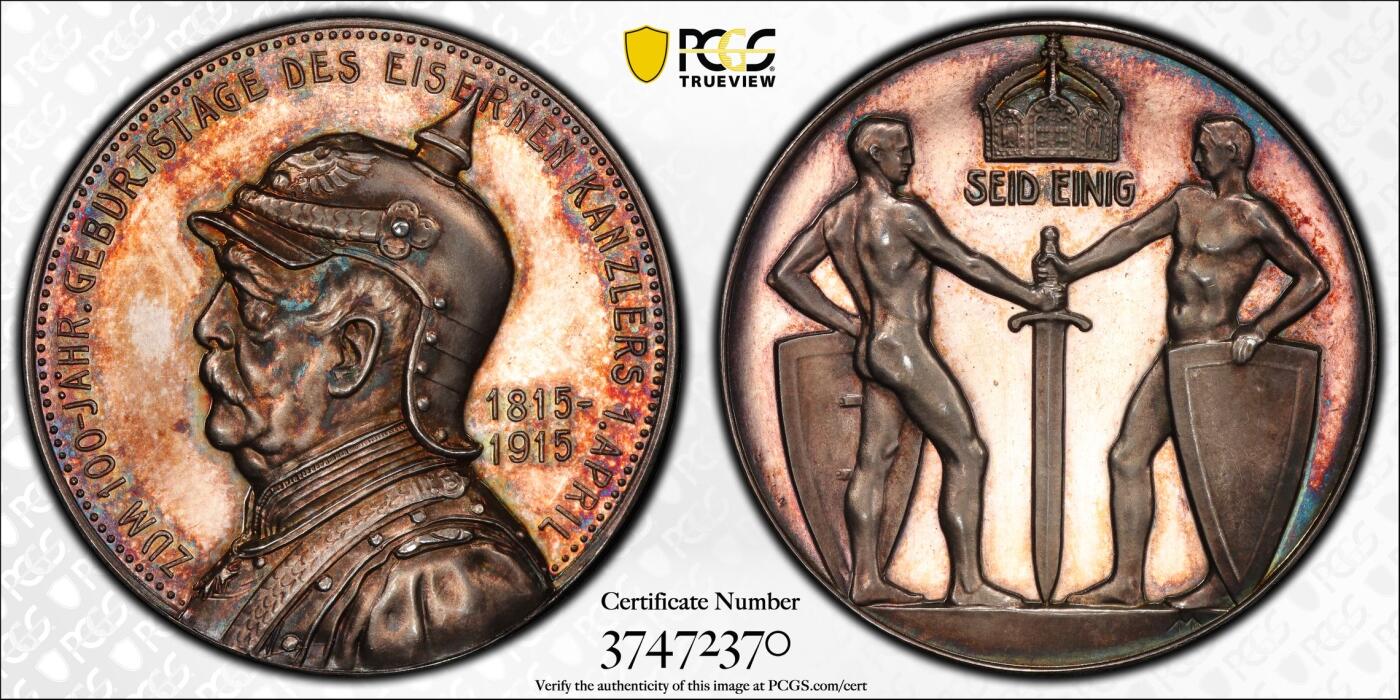 万国钱币拍卖第053期【万国秋季大拍下●周五周六两场连拍】 PCGS SP63 1915年德国帝国脊梁俾斯麦百岁诞辰纪念大银章 高浮雕名誉品种 通体玫瑰金彩 双武士守卫百年建功 PC冠军分