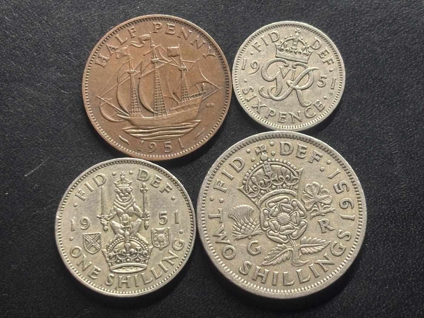邮泉阁限时拍卖第三十二场 英国硬币专场（硬币在国外。请付邮费6元。） 英国乔治六世国王1951年4枚