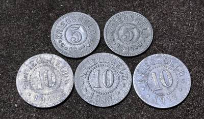 北京马甸外国币专卖第145期，外国币专场，陆续上拍，欢迎关注 德国帝国奥德河畔法兰克福（Frankfurt an der Oder）城市紧急状态币5芬尼2枚10芬尼3枚