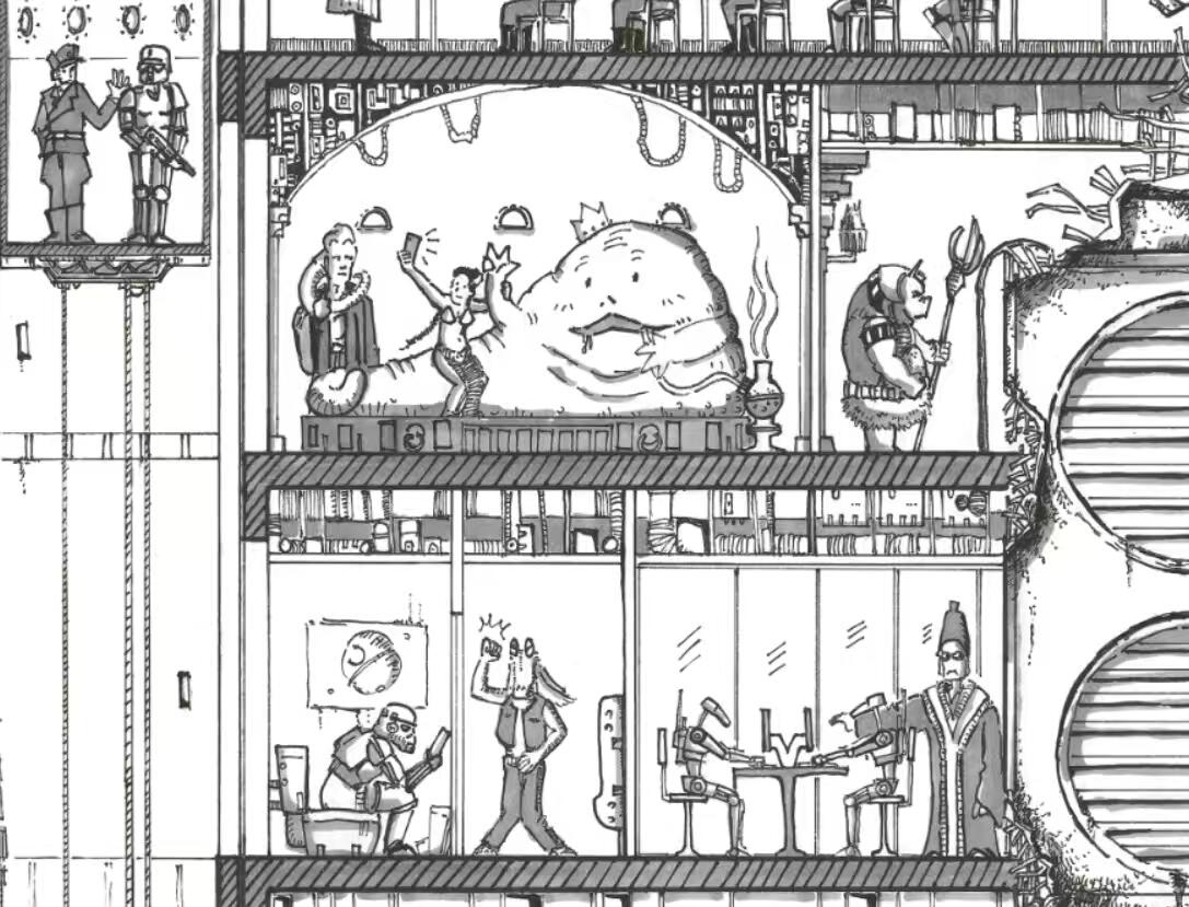 零元拍：歪歪亲笔签名星球大战系列作品装饰画《R2D2大厦》黑白版，作品尺寸：0.6X0.9M，超厚300g泛太克艺术纸，爱普生原装墨水艺术微喷，限量200张，每张均有艺术家亲笔签名及手写编号，不含装裱