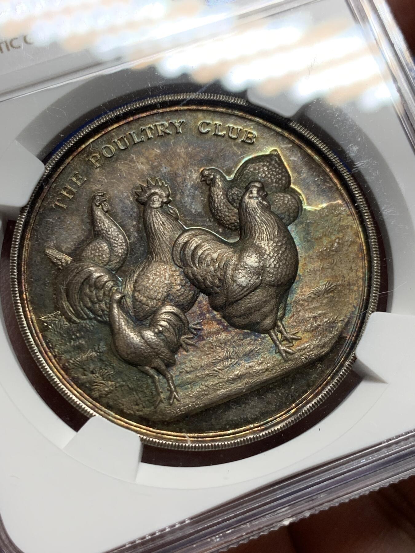 《竞宝斋》第431场 周日，周一，周二 3场连拍 （全场包邮） NGC MS64 英国家禽俱乐部银章，高浮雕五彩