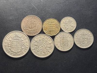 邮泉阁限时拍卖第三十二场 英国硬币专场（硬币在国外。请付邮费6元。） - 英国伊丽莎白二世女王1957年7枚